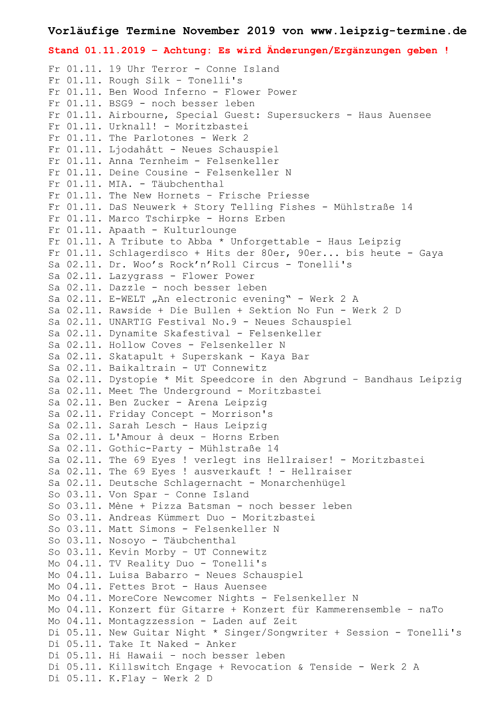 Vorläufige Termine November 2019 Von Stand 01.11.2019 – Achtung: Es Wird Änderungen/Ergänzungen Geben ! Fr 01.11