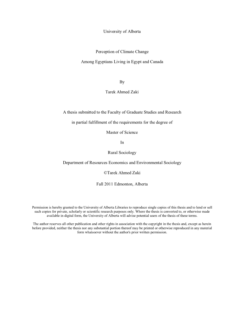 University of Alberta Perception of Climate Change Among Egyptians