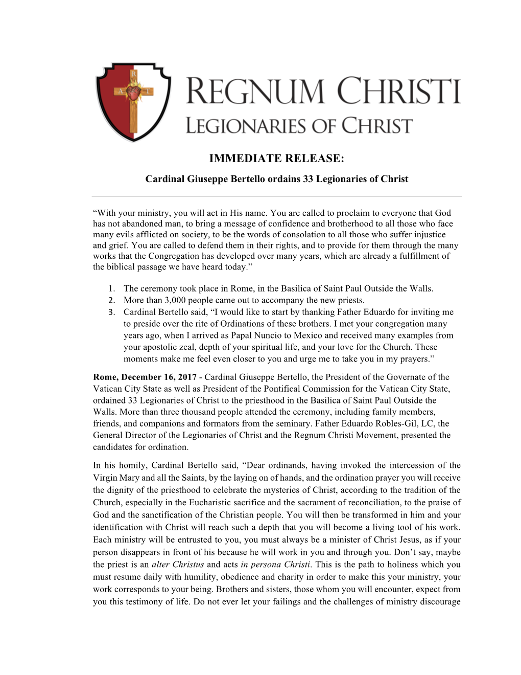 IMMEDIATE RELEASE: Cardinal Giuseppe Bertello Ordains 33 Legionaries of Christ
