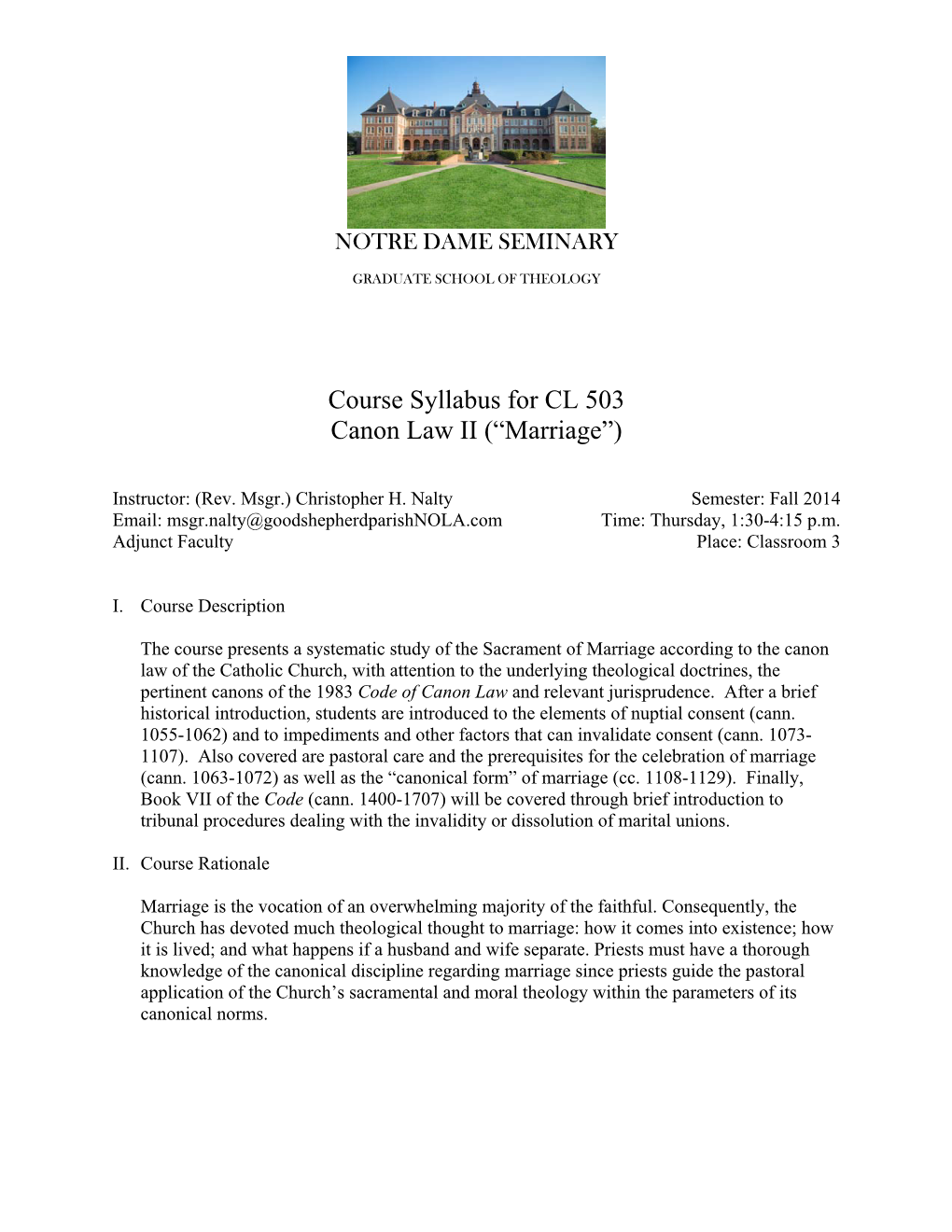 Course Syllabus for CL 503 Canon Law II (“Marriage”)