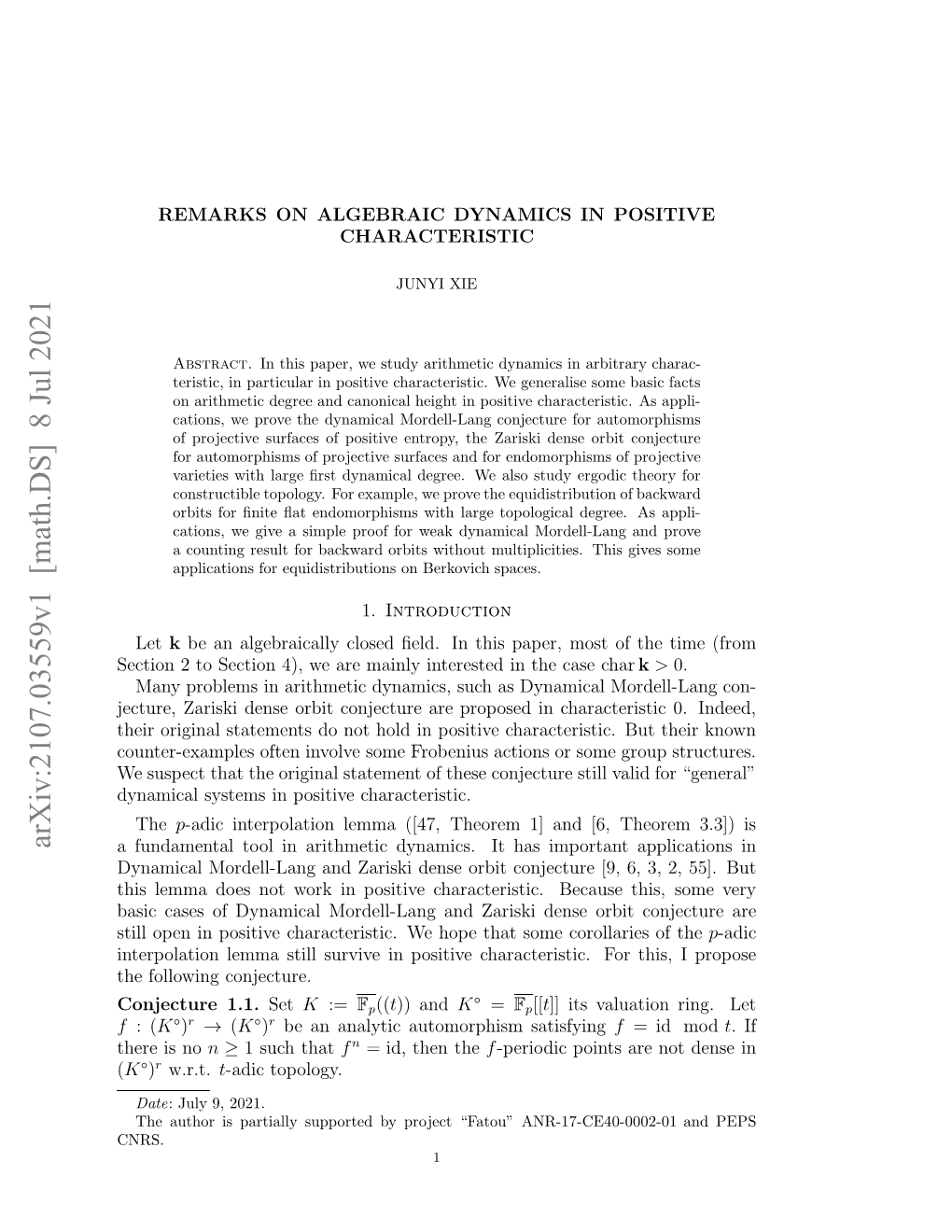 Remarks on Algebraic Dynamics in Positive Characteristic