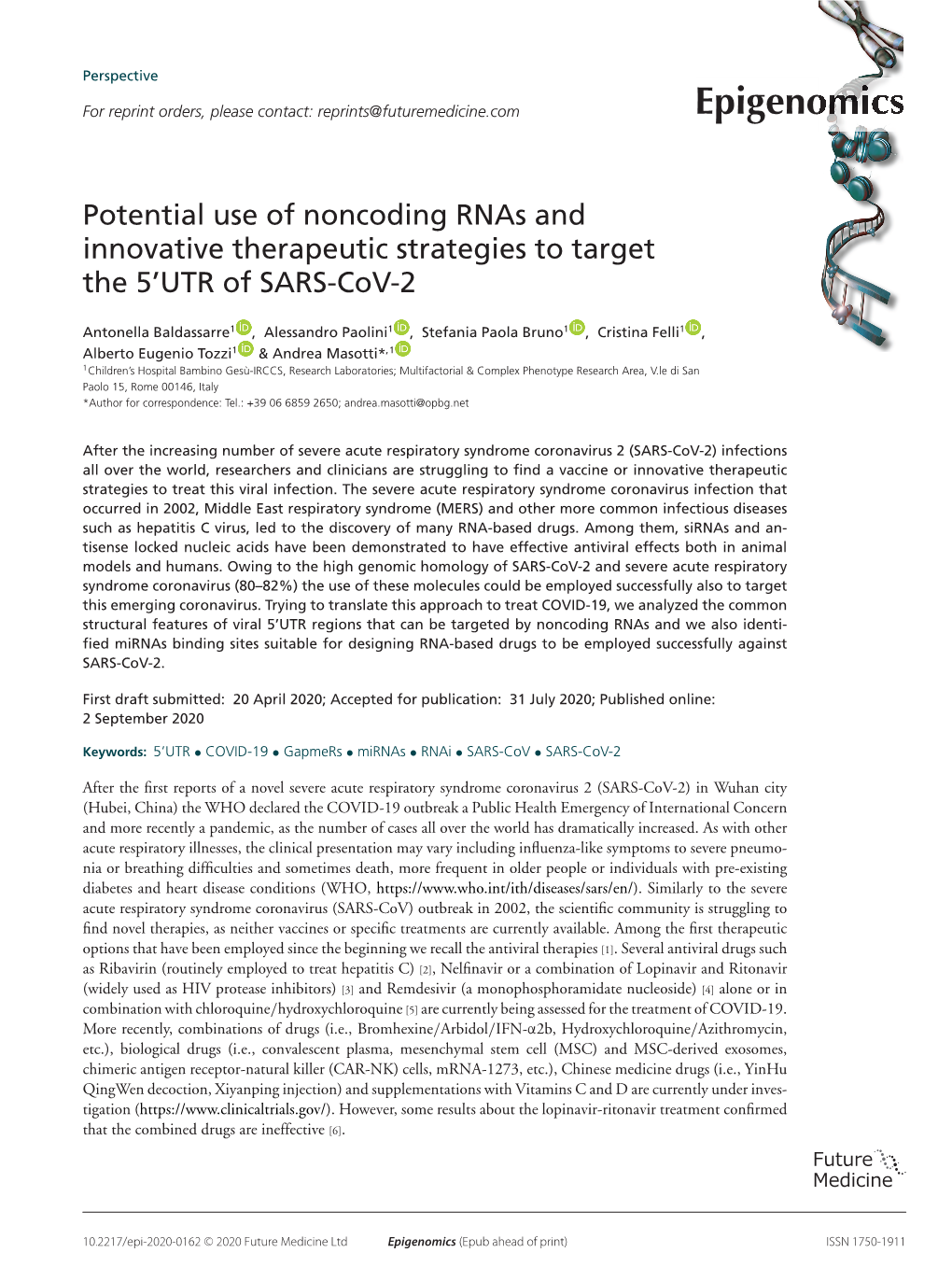 Potential Use of Noncoding Rnas and Innovative Therapeutic Strategies to Target the 5'UTR of SARS-Cov-2