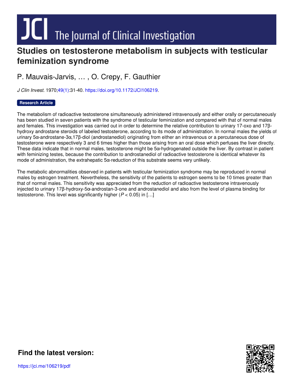 Studies on Testosterone Metabolism in Subjects with Testicular Feminization Syndrome