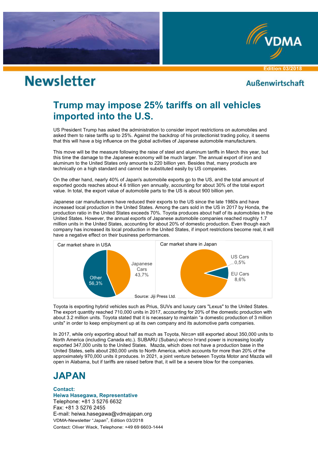 Trump May Impose 25% Tariffs on All Vehicles Imported Into the U.S. JAPAN