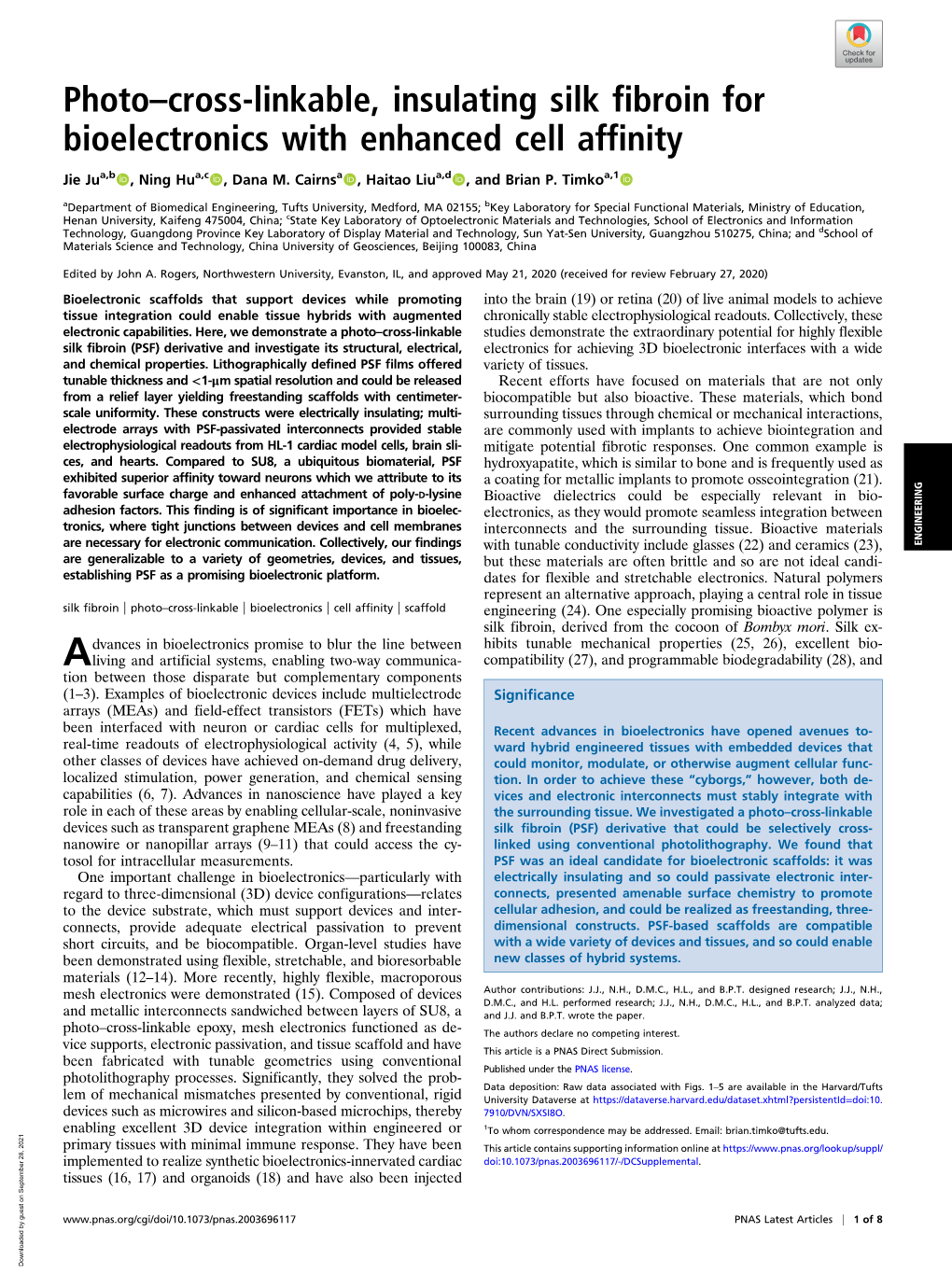 Photo–Cross-Linkable, Insulating Silk Fibroin for Bioelectronics with Enhanced Cell Affinity