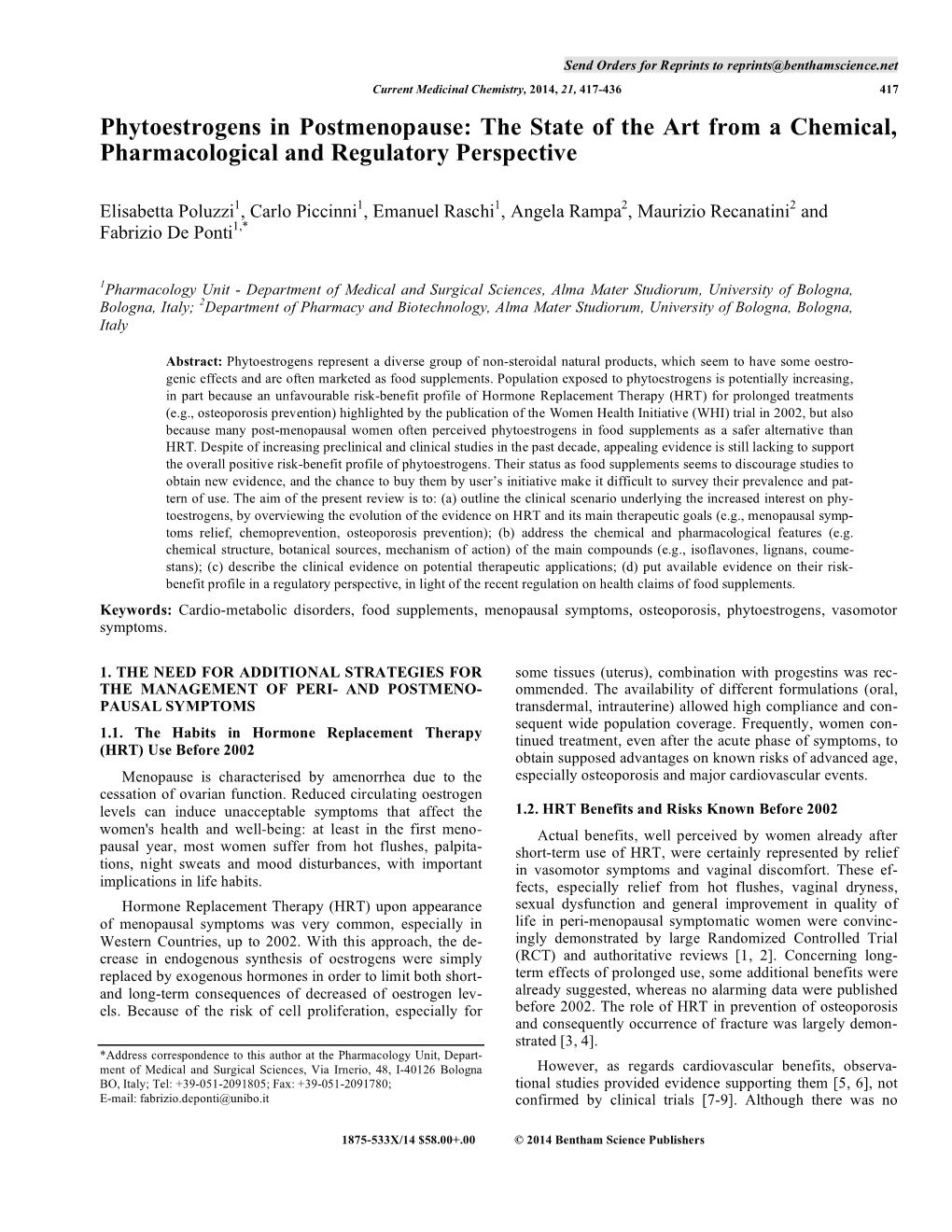 Phytoestrogens in Postmenopause: the State of the Art from a Chemical, Pharmacological and Regulatory Perspective