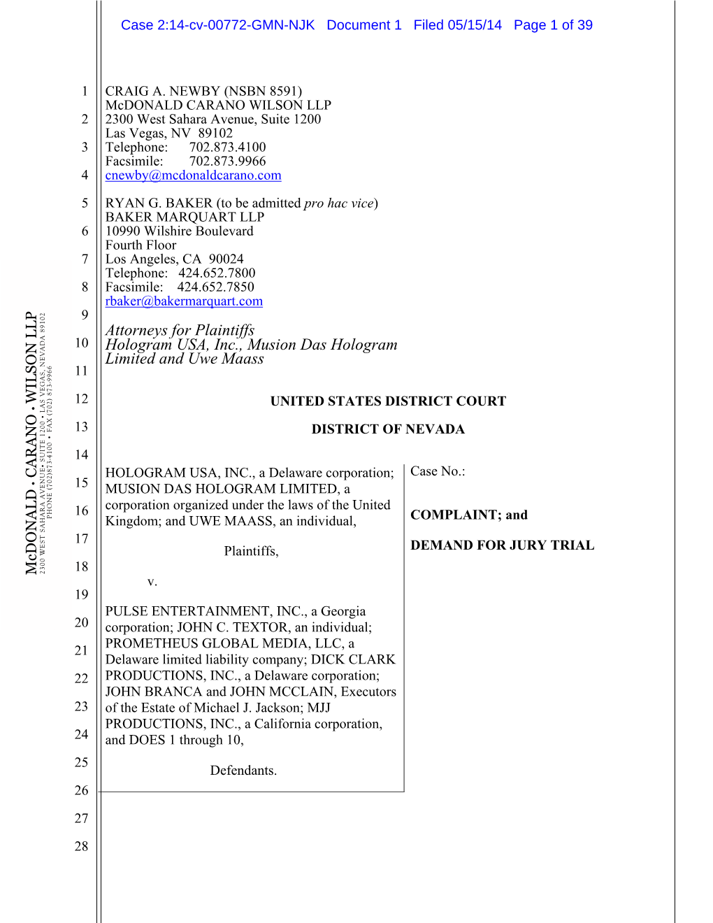 Attorneys for Plaintiffs Hologram USA, Inc., Musion Das Hologram Limited