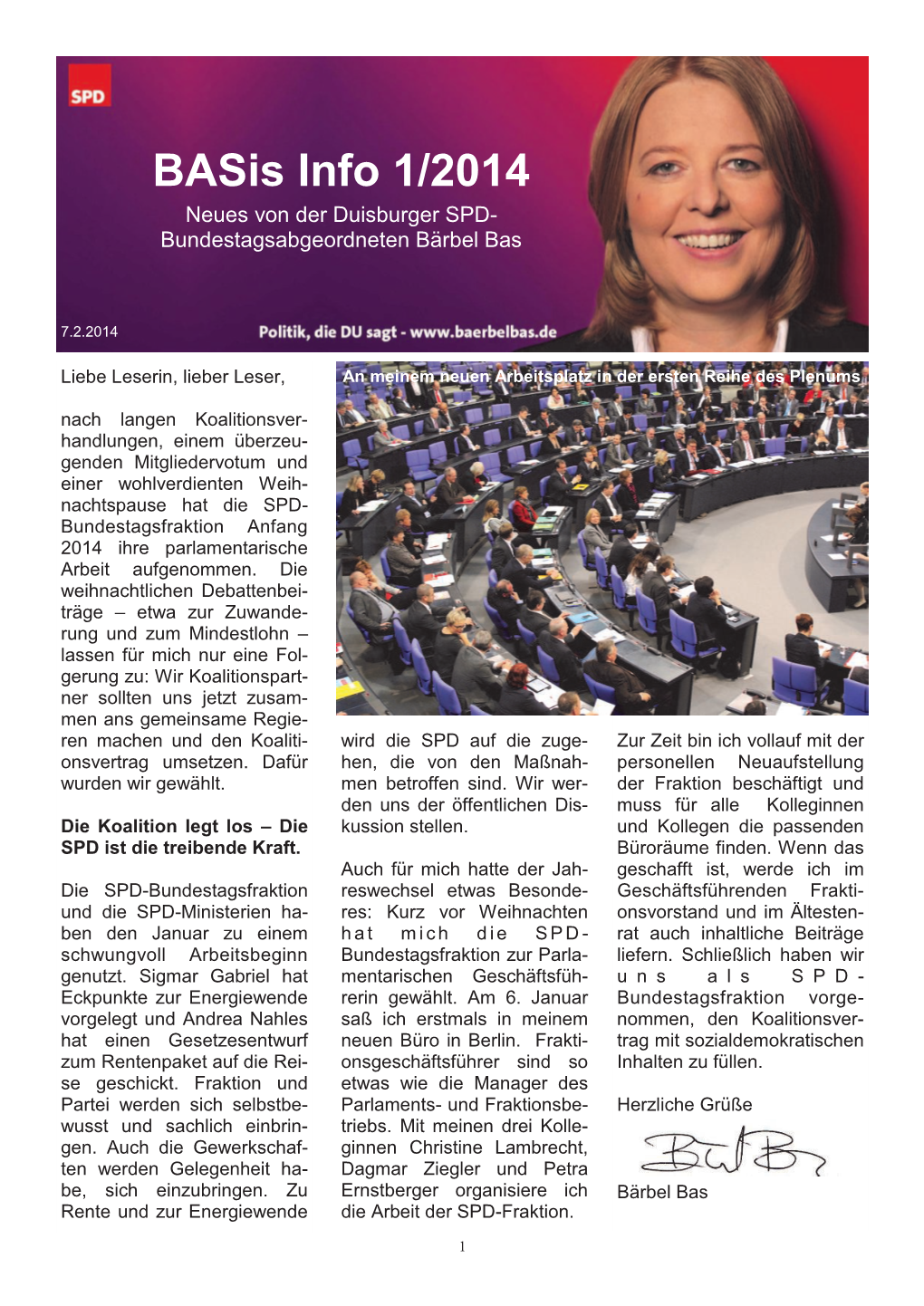 Basis Info 1/2014 Neues Von Der Duisburger SPD- Bundestagsabgeordneten Bärbel Bas