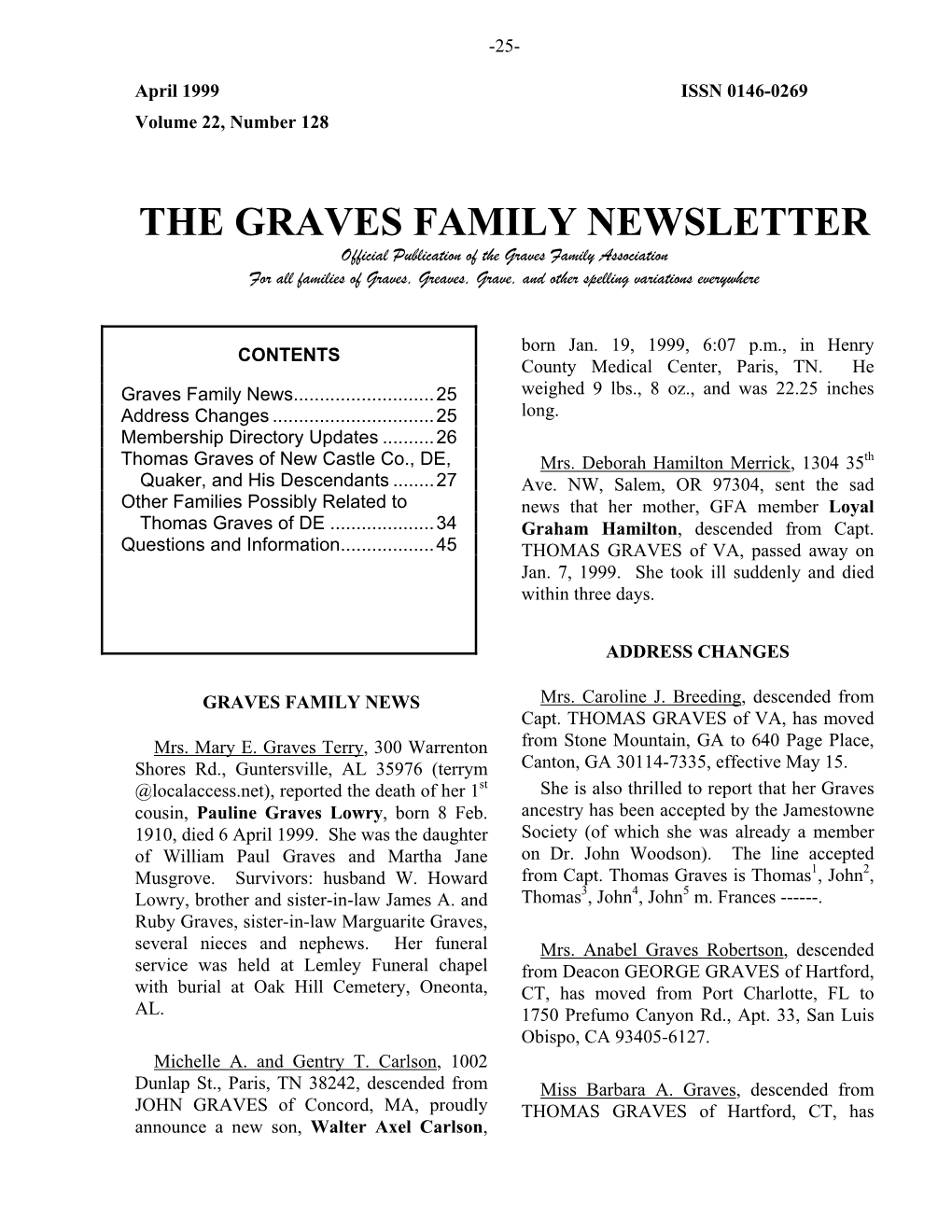 Graves Family Newsletter, Aug. 1997