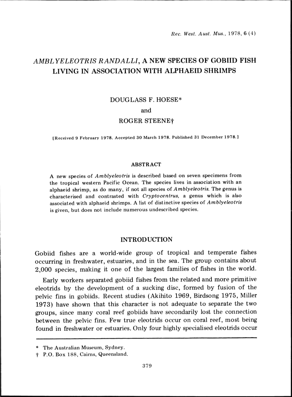 AMBLYELEOTRIS RANDALLI, a NEW SPECIES of Goblid FISH LIVING in ASSOCIATION with ALPHAEID SHRIMPS