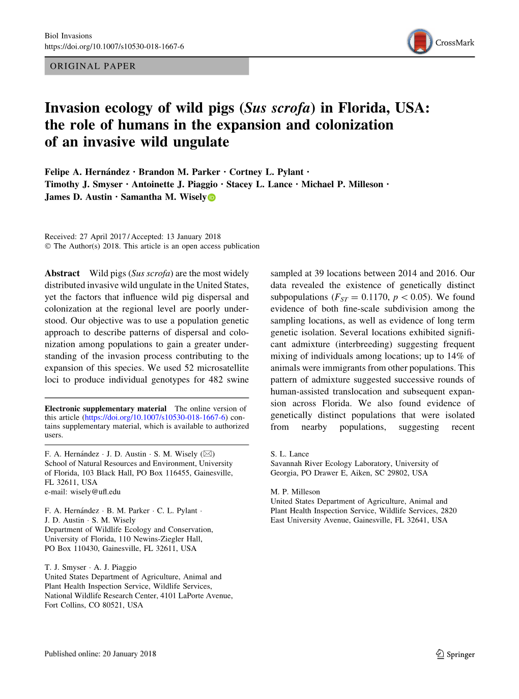 Invasion Ecology of Wild Pigs (Sus Scrofa) in Florida, USA: the Role of Humans in the Expansion and Colonization of an Invasive Wild Ungulate