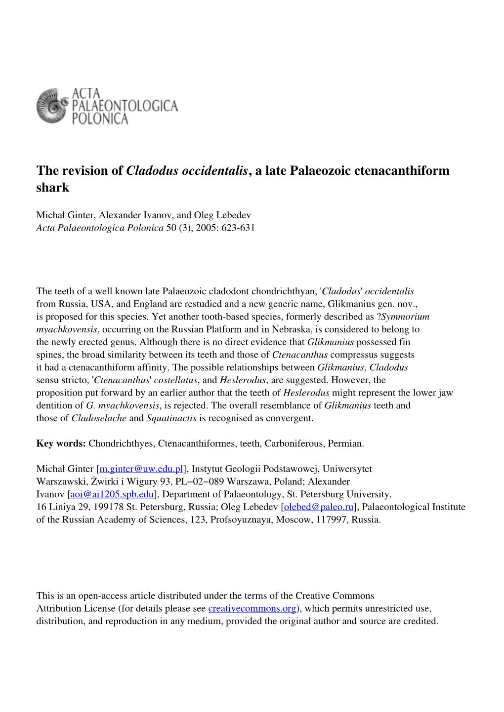 The Revision of Cladodus Occidentalis, a Late Palaeozoic Ctenacanthiform Shark