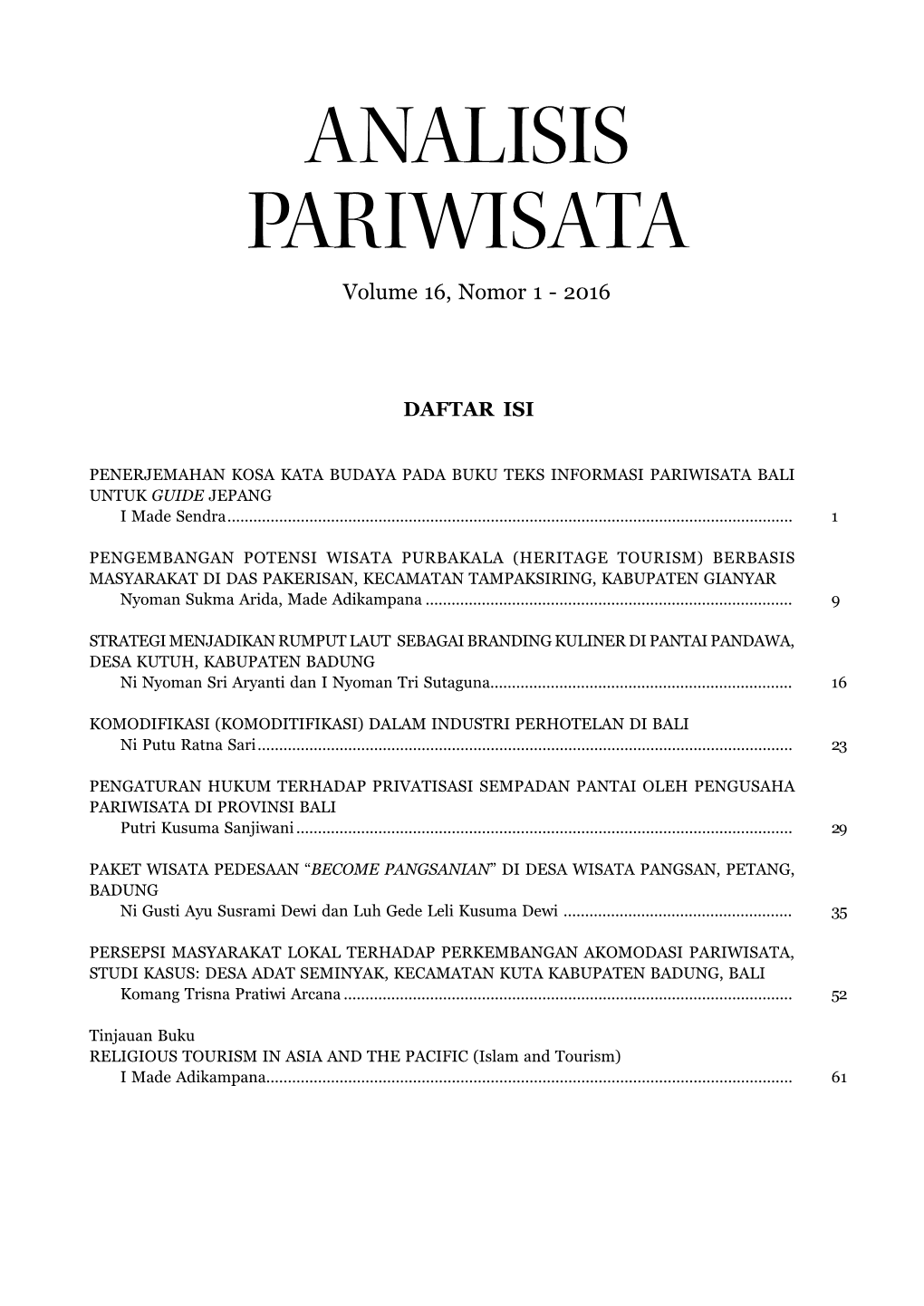 ANALISIS PARIWISATA Volume 16, Nomor 1 - 2016