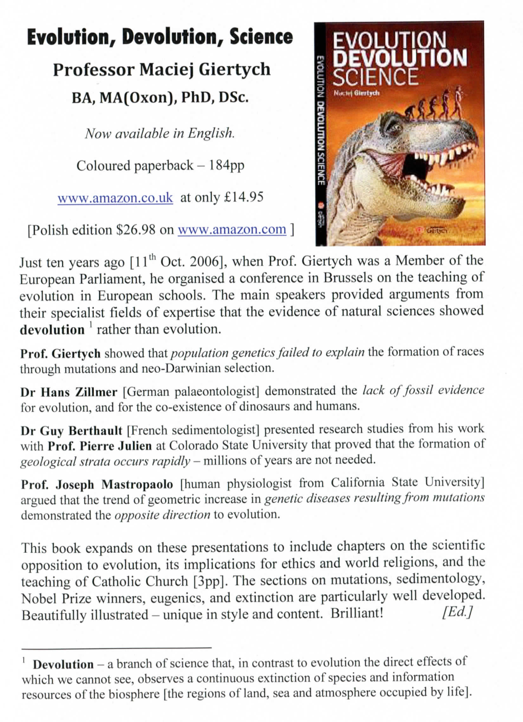 Evolution, Devolution, Science Professor Maciej Giertych BA, MA(Oxon), Phd, Dsc