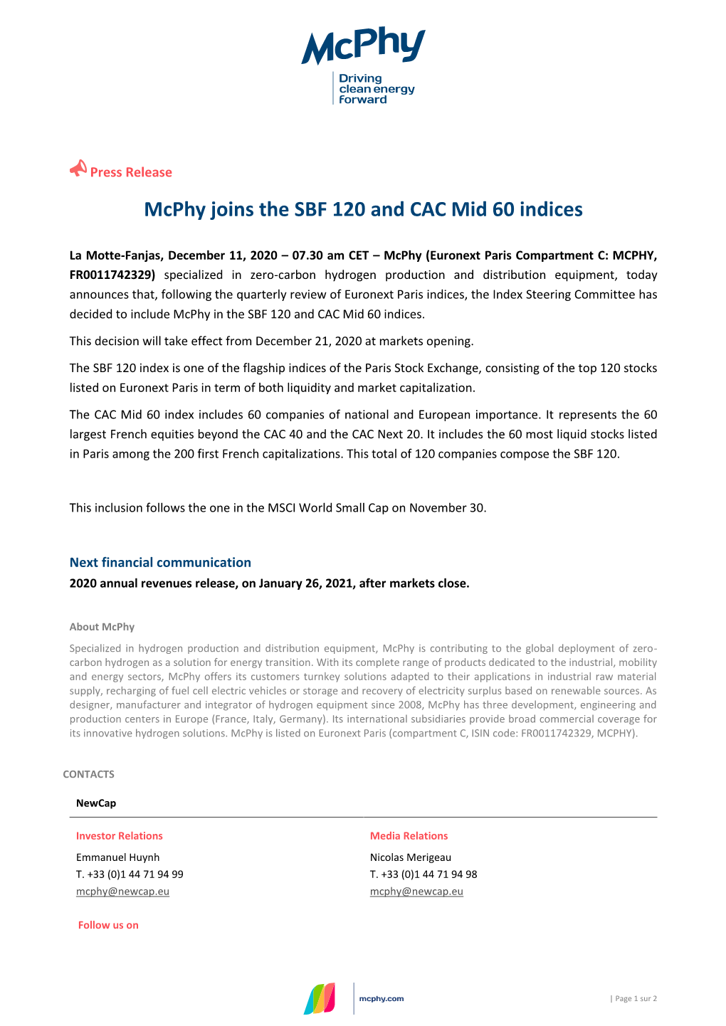 Mcphy Joins the SBF 120 and CAC Mid 60 Indices