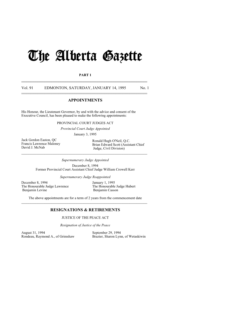 The Alberta Gazette, Part I, January 14, 1995