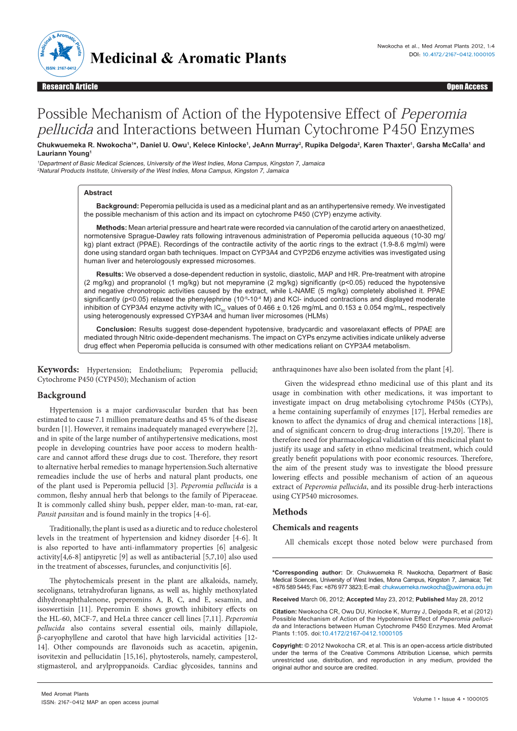 Possible Mechanism of Action of the Hypotensive Effect of Peperomia Pellucida and Interactions Between Human Cytochrome P450 Enzymes Chukwuemeka R