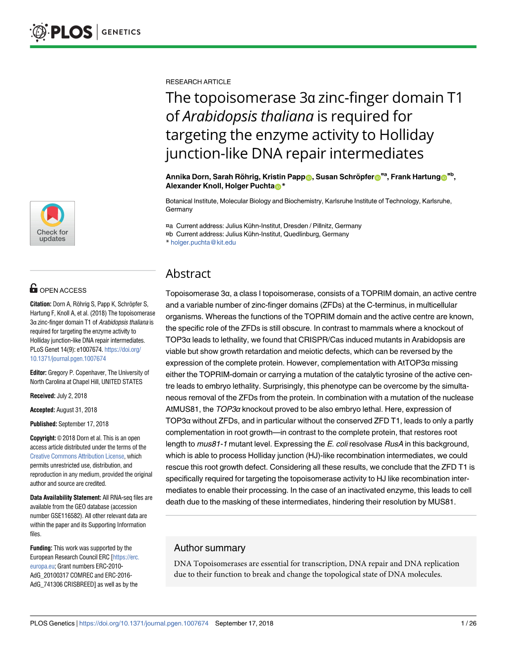 The Topoisomerase 3Α Zinc-Finger Domain T1 of Arabidopsis Thaliana Is Required for Targeting the Enzyme Activity to Holliday Junction-Like DNA Repair Intermediates