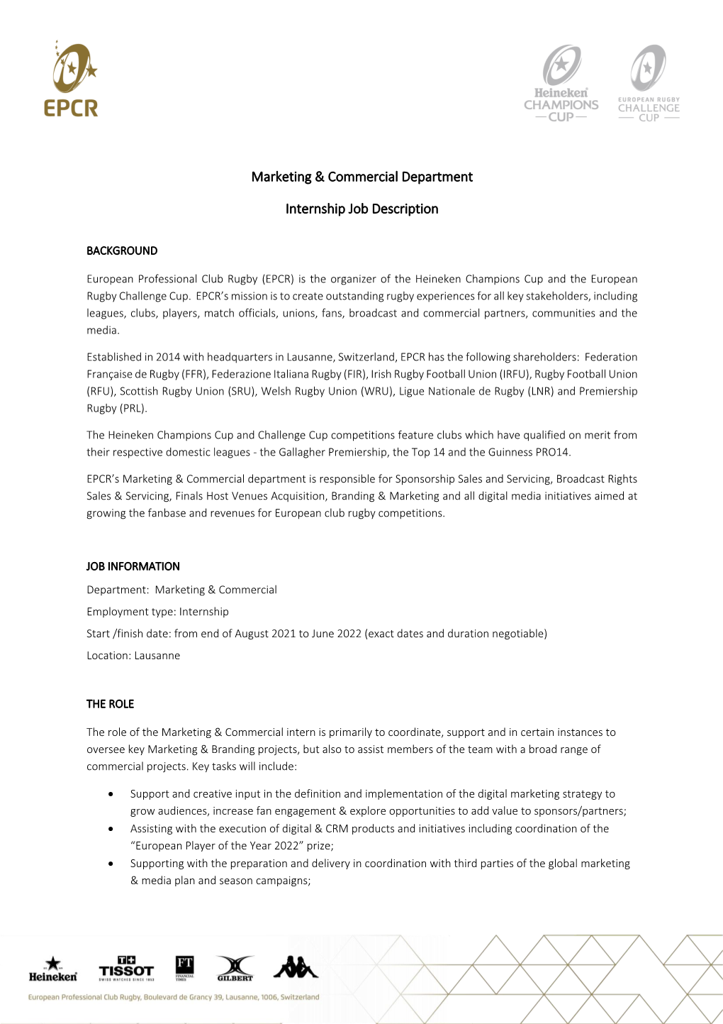 Marketing & Commercial Department Internship Job Description