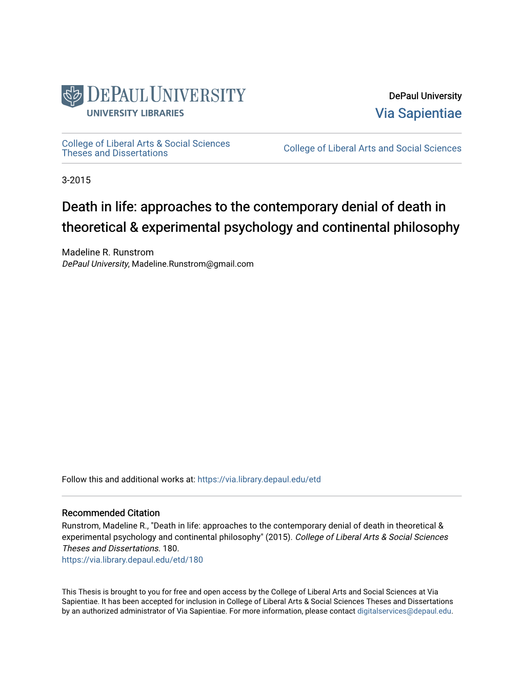 Death in Life: Approaches to the Contemporary Denial of Death in Theoretical & Experimental Psychology and Continental Philosophy