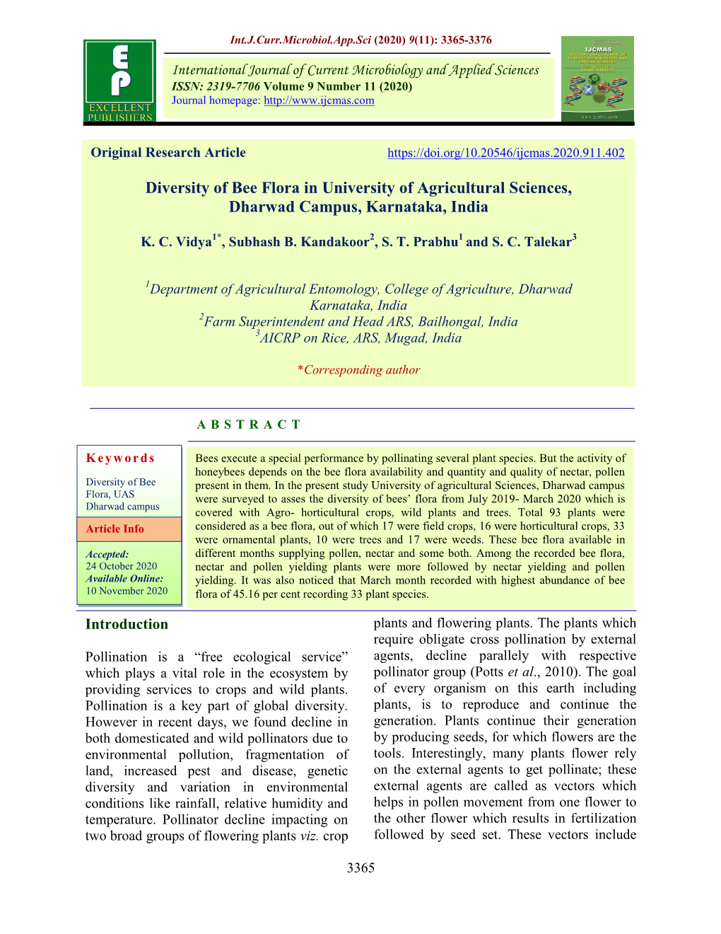 Diversity of Bee Flora in University of Agricultural Sciences, Dharwad Campus, Karnataka, India