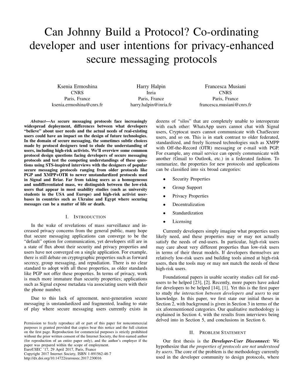 Can Johnny Build a Protocol? Co-Ordinating Developer and User Intentions for Privacy-Enhanced Secure Messaging Protocols
