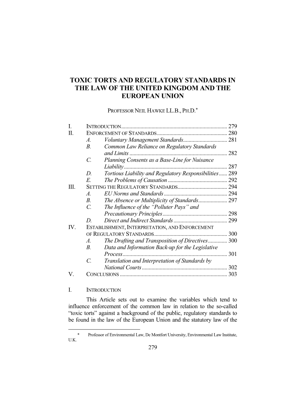 Toxic Torts and Regulatory Standards in the Law of the United Kingdom and the European Union