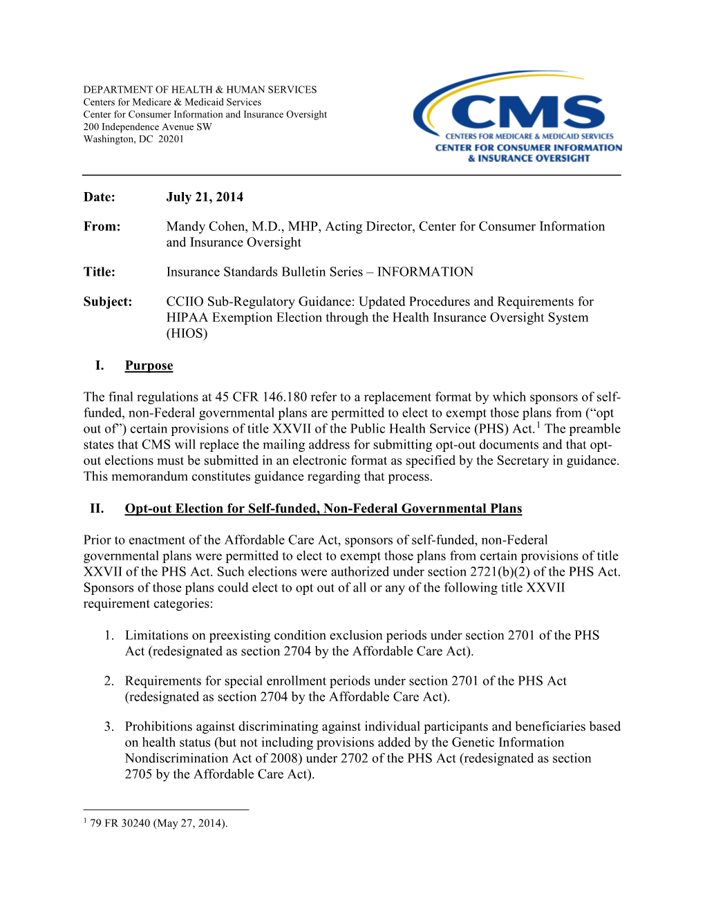 Updated Procedures and Requirements for HIPAA Exemption Election Through the Health Insurance Oversight System (HIOS)