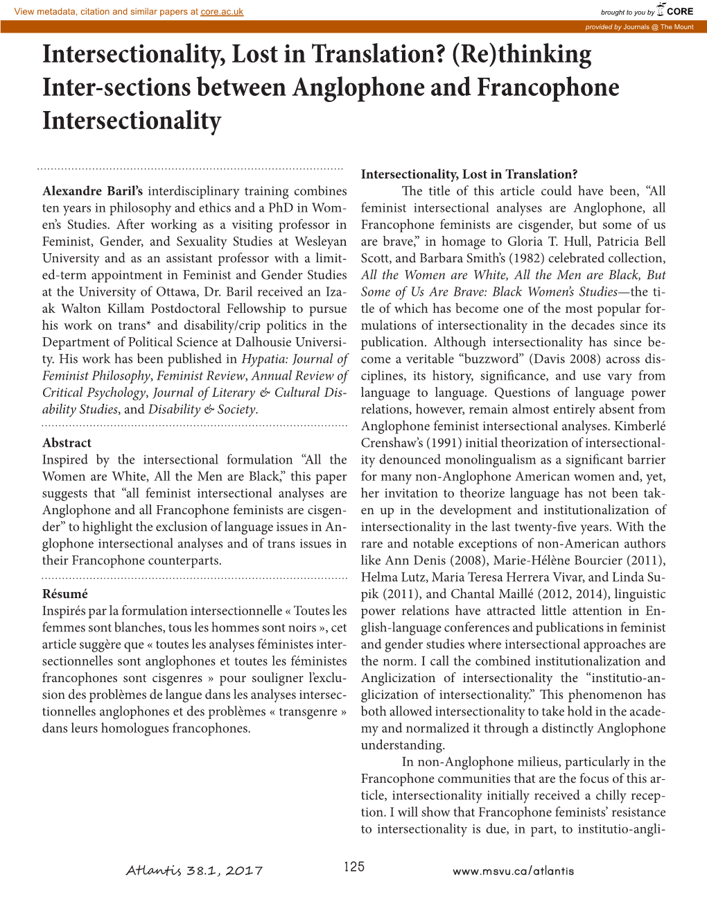 Intersectionality, Lost in Translation? (Re)Thinking Inter-Sections Between Anglophone and Francophone Intersectionality