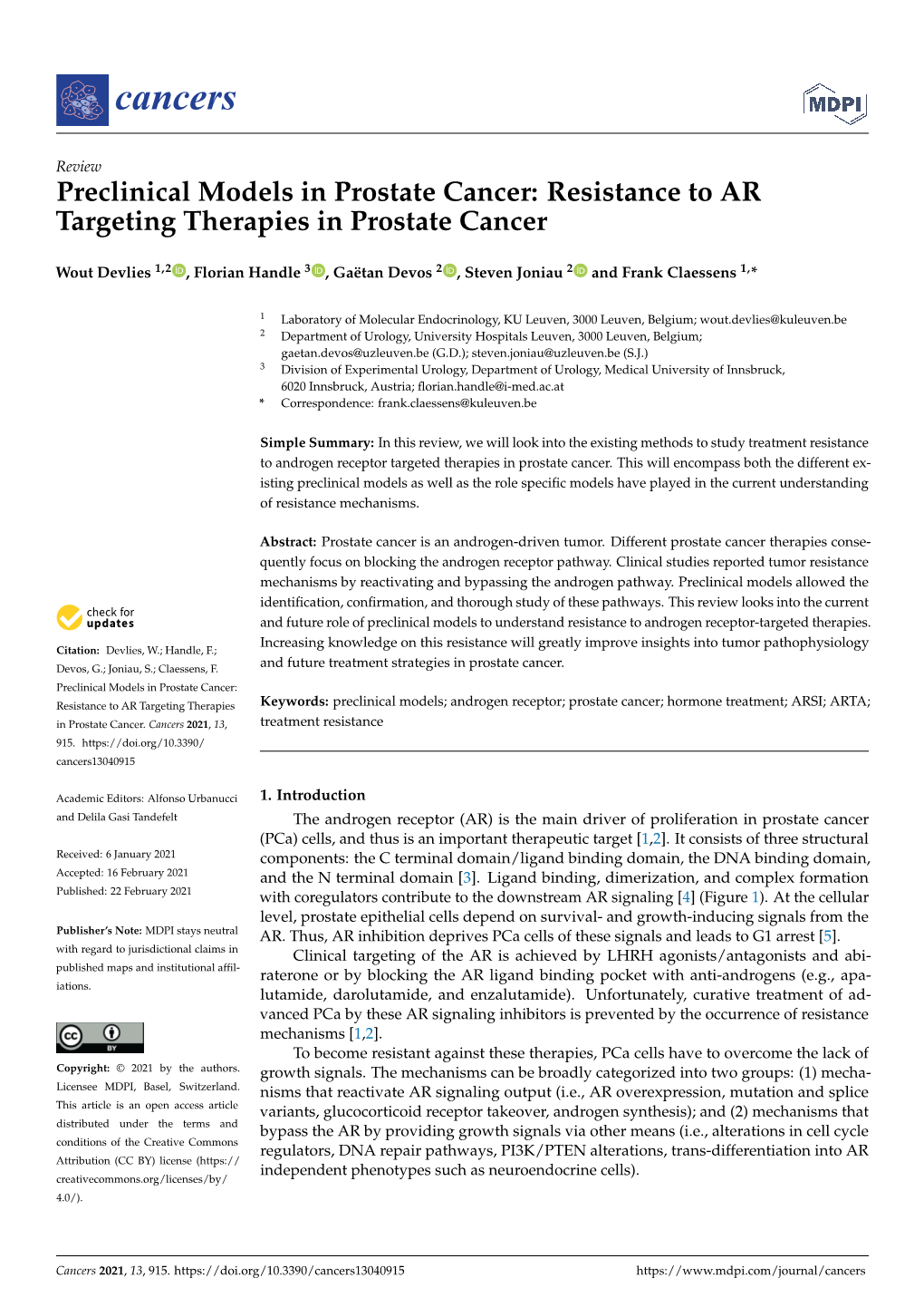 Preclinical Models in Prostate Cancer: Resistance to AR Targeting Therapies in Prostate Cancer