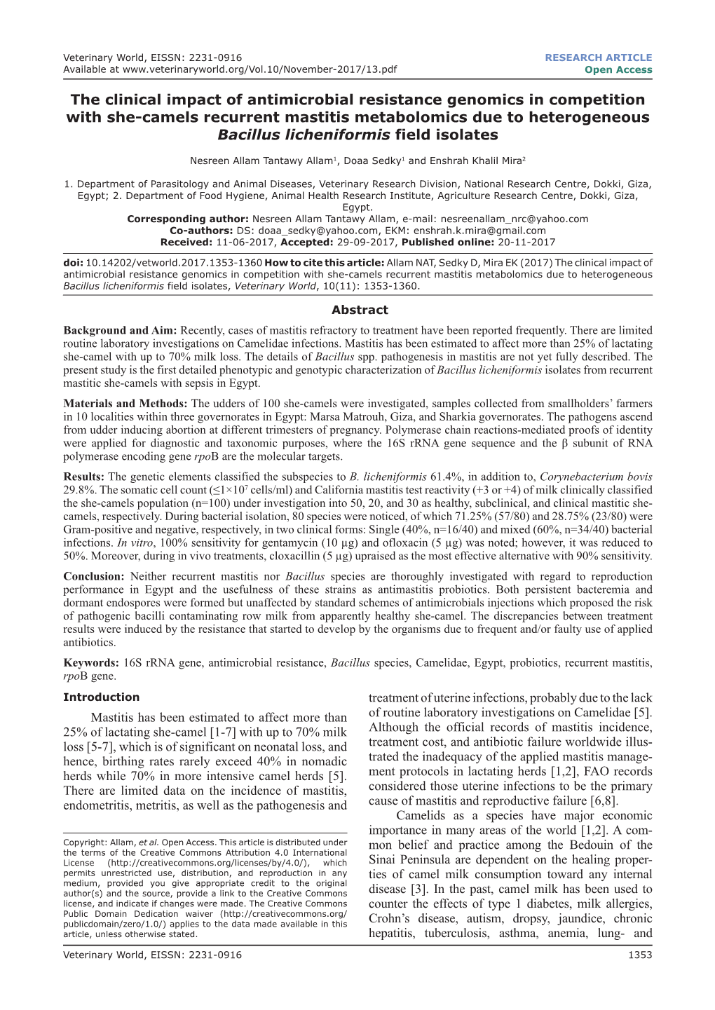 The Clinical Impact of Antimicrobial Resistance Genomics in Competition with She-Camels Recurrent Mastitis Metabolomics Due to H