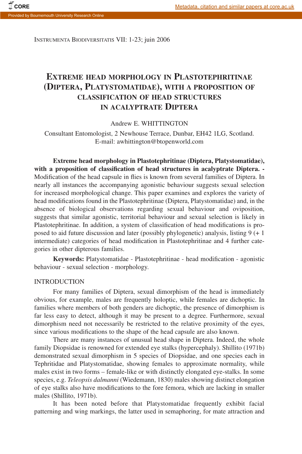 Xtreme Head Morphology in Plastotephritinae (Diptera, Platystomatidae), with a Proposition of Classification of Head Structures in Acalyptrate Diptera