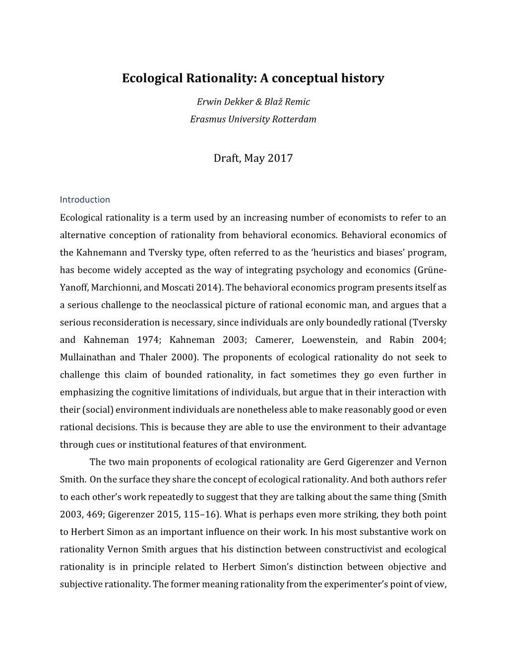 Ecological Rationality: a Conceptual History