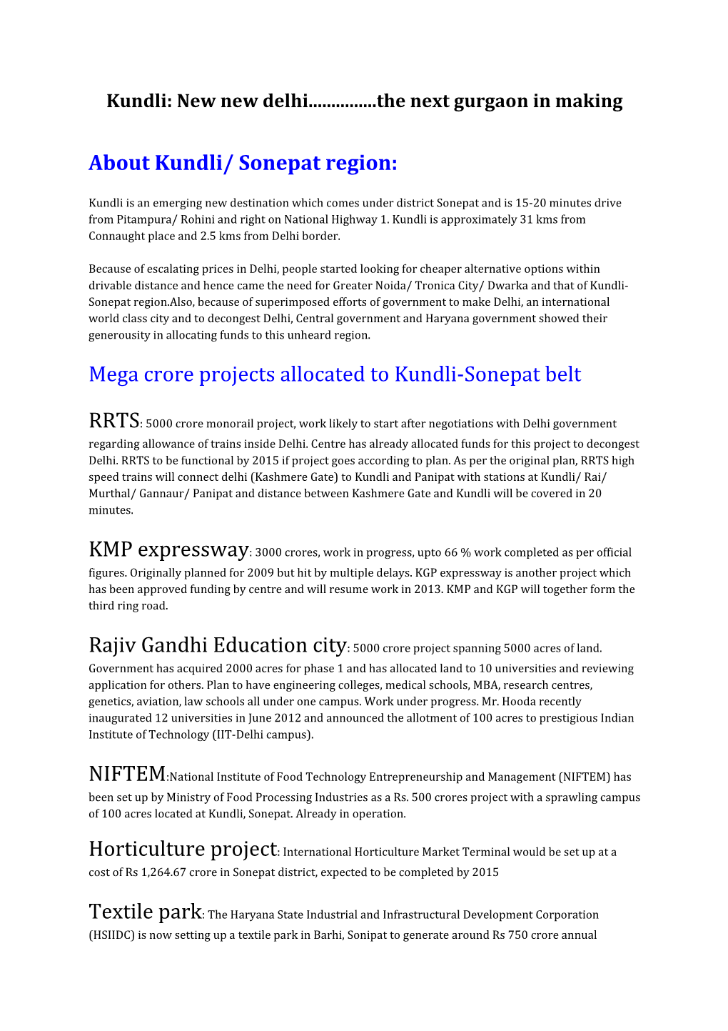About Kundli/ Sonepat Region