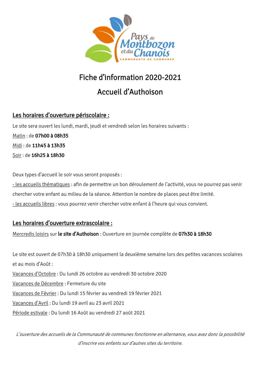 Fiche D'information 2020-2021 Accueil D'authoison