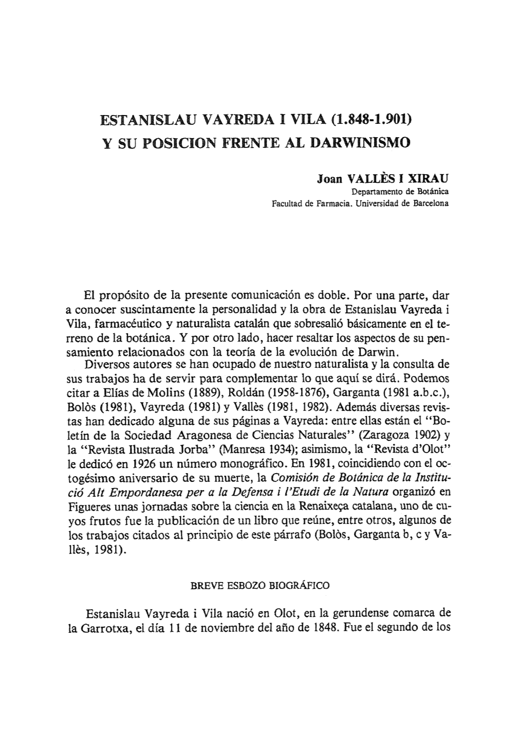 Estanislau Vaureda I Vila (1.848-1.901) Y Su Posicpon Frente Al Darwinismo