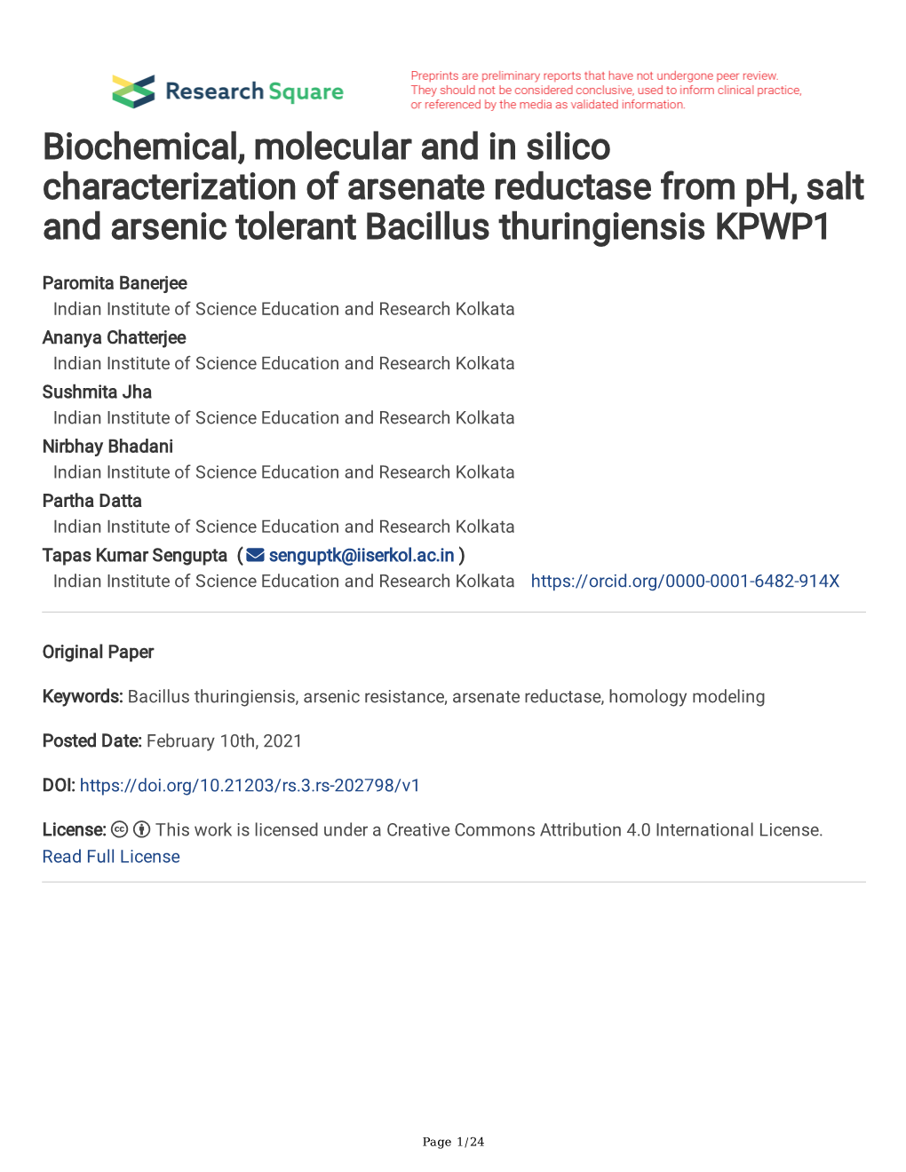 Biochemical, Molecular and in Silico Characterization of Arsenate Reductase from Ph, Salt and Arsenic Tolerant Bacillus Thuringiensis KPWP1