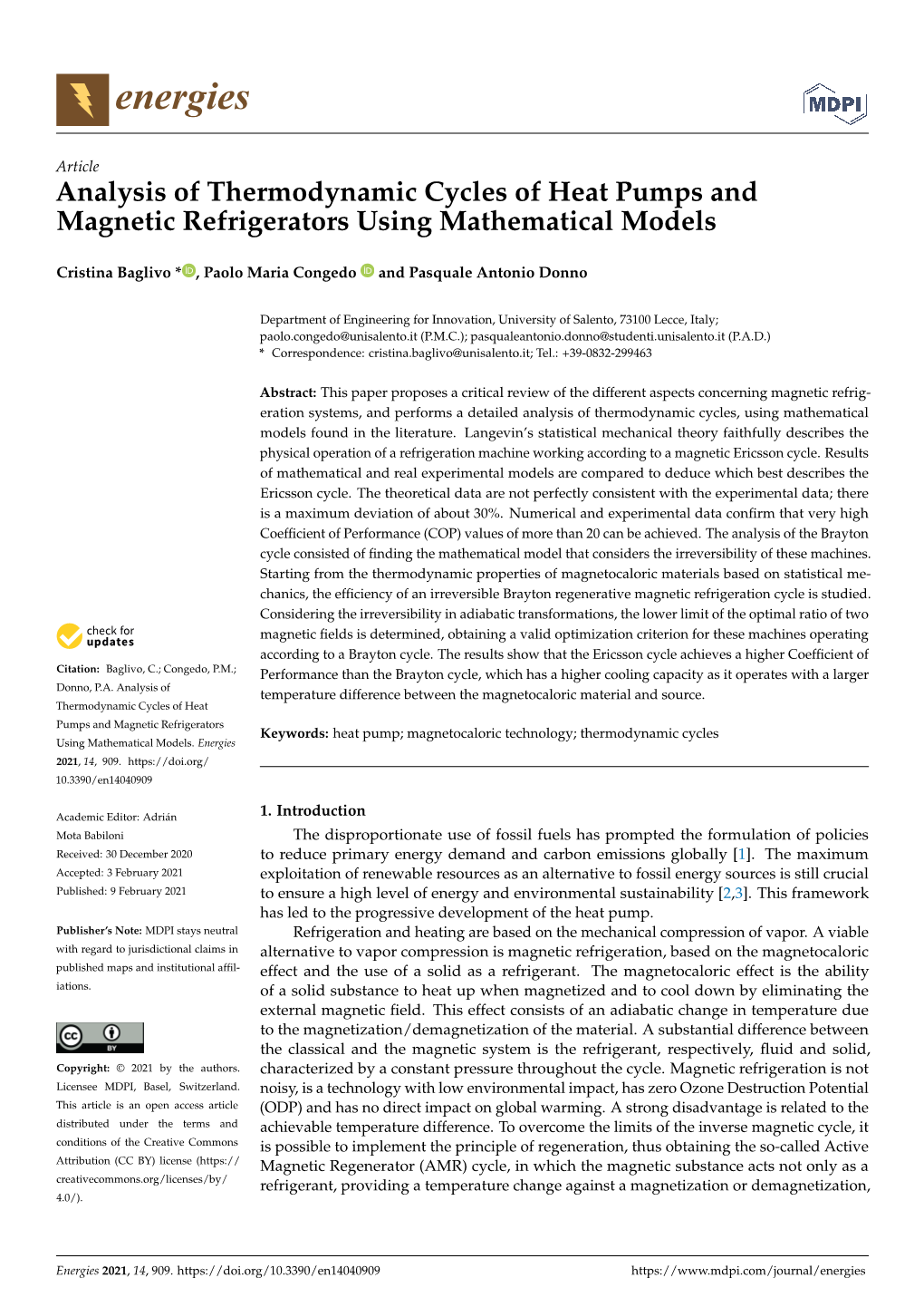 Analysis of Thermodynamic Cycles of Heat Pumps and Magnetic Refrigerators Using Mathematical Models