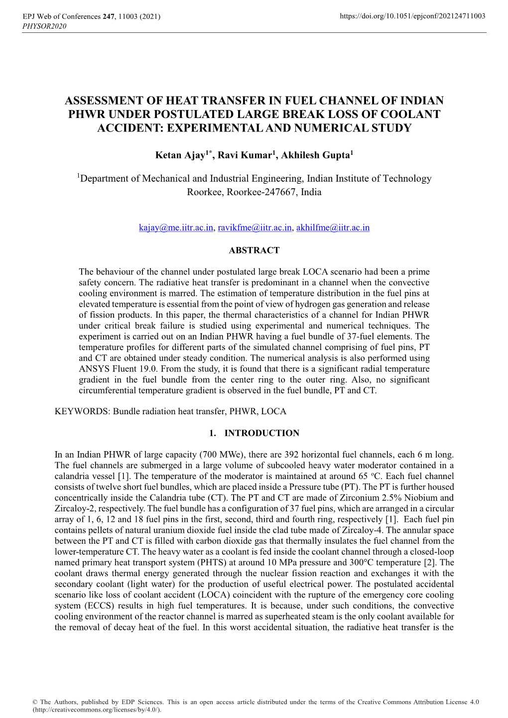 Assessment of Heat Transfer in Fuel Channel of Indian Phwr Under Postulated Large Break Loss of Coolant Accident: Experimental and Numerical Study