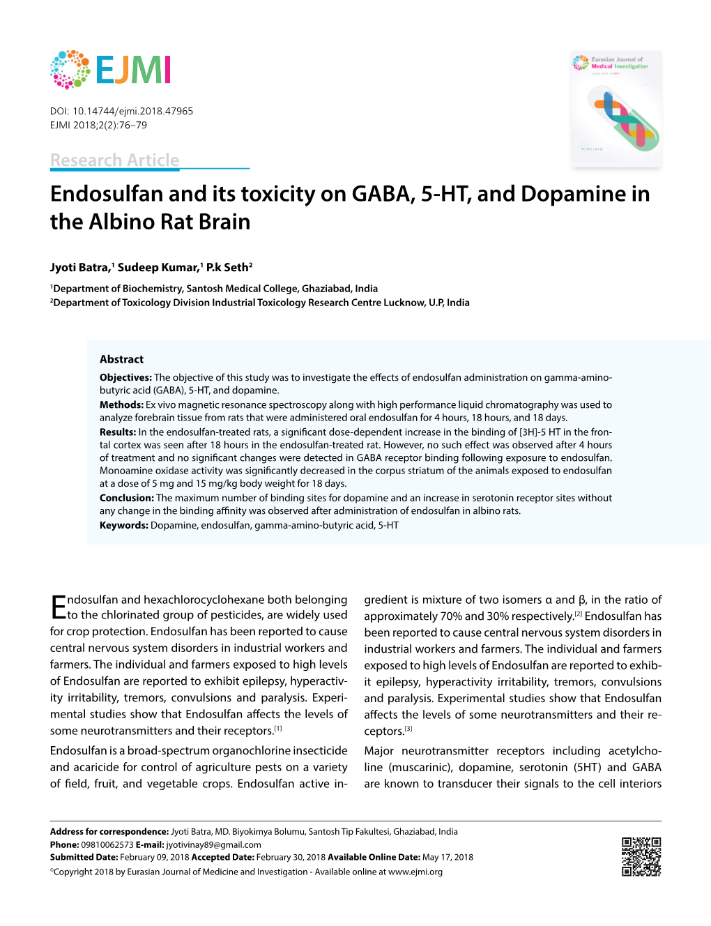 Endosulfan and Its Toxicity on GABA, 5-HT, and Dopamine in the Albino Rat Brain