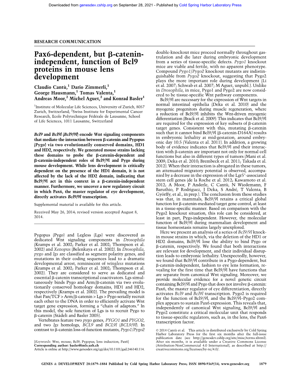 Independent, Function of Bcl9 Proteins in Mouse Lens Development