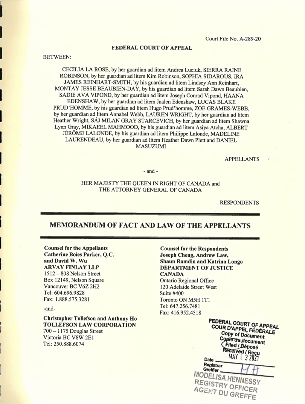 Memorandum of Fact and Law of the Appellants