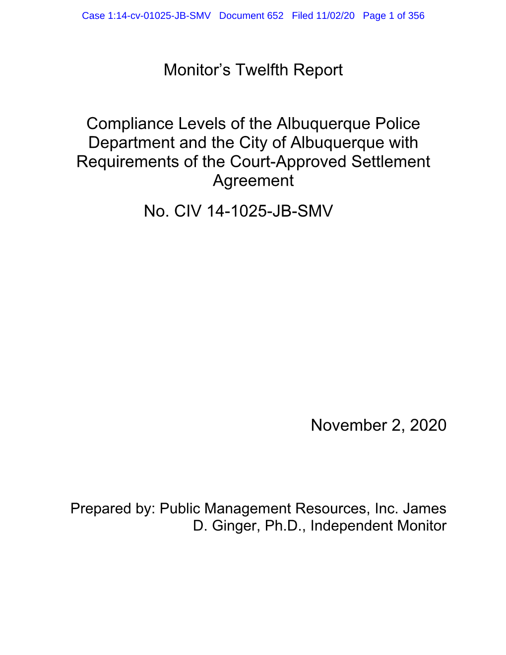 Monitor's Twelfth Report Compliance Levels of the Albuquerque Police