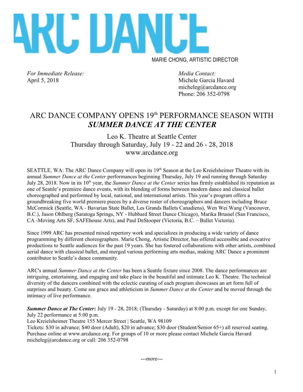 ARC DANCE COMPANY OPENS 19Th PERFORMANCE SEASON with SUMMER DANCE at the CENTER Leo K