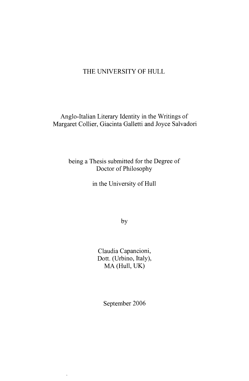 THE UNIVERSITY of HULL Anglo-Italian Literary Identity in The