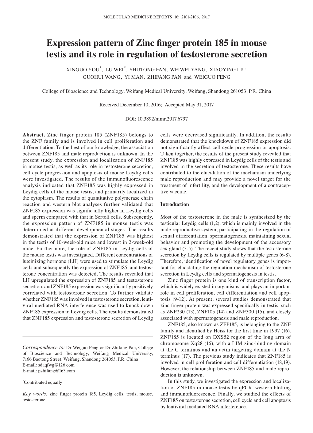 Expression Pattern of Zinc Finger Protein 185 in Mouse Testis and Its Role in Regulation of Testosterone Secretion