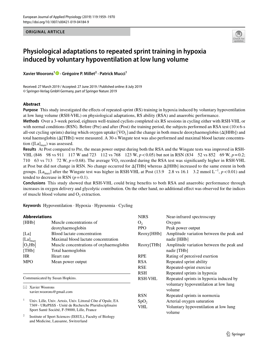 Physiological Adaptations to Repeated Sprint Training in Hypoxia Induced by Voluntary Hypoventilation at Low Lung Volume