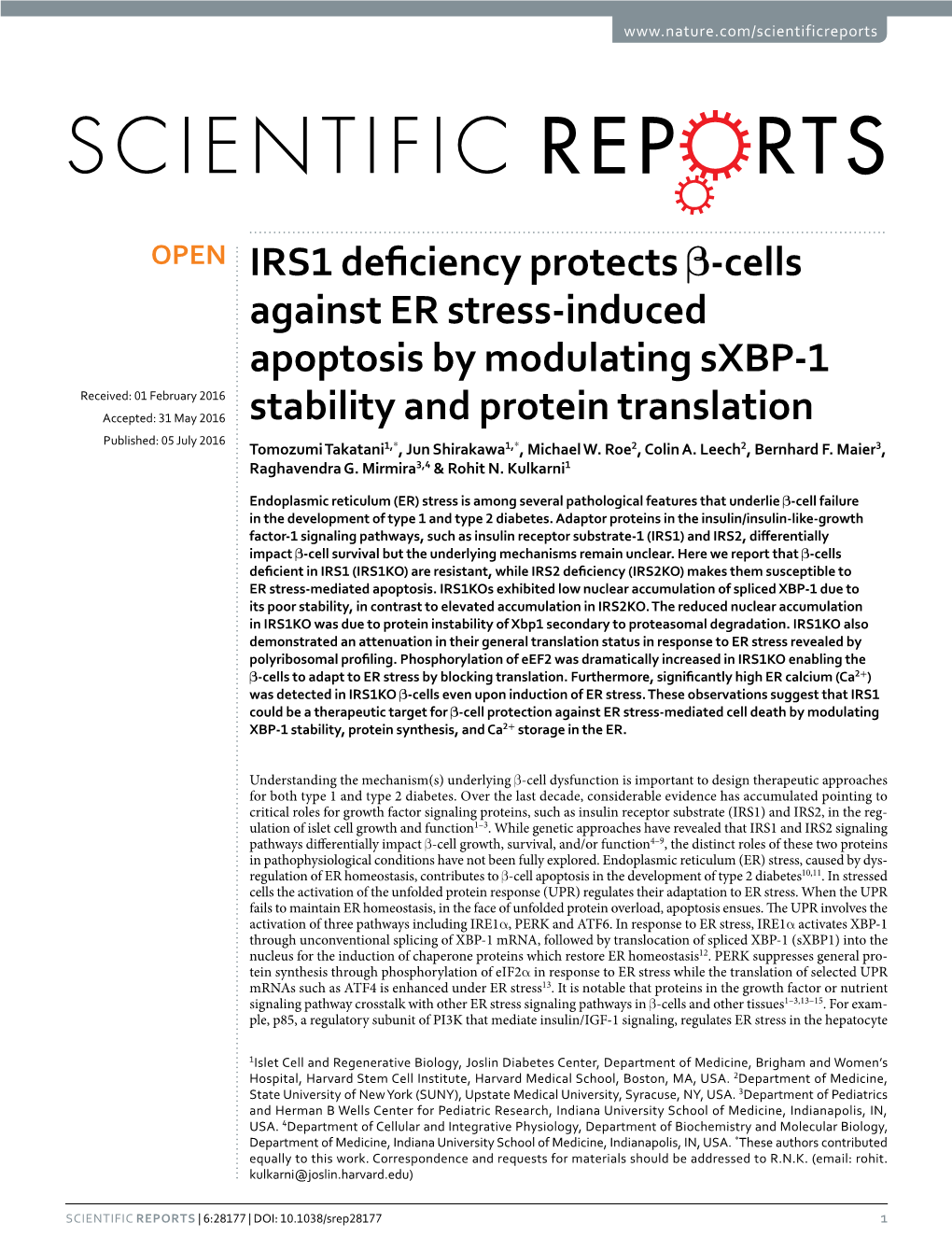 IRS1 Deficiency Protects Β-Cells Against ER Stress-Induced Apoptosis by Modulating Sxbp-1 Stability and Protein Translation