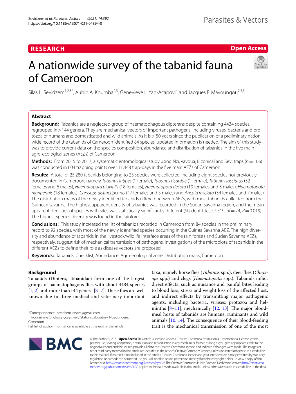 A Nationwide Survey of the Tabanid Fauna of Cameroon Silas L