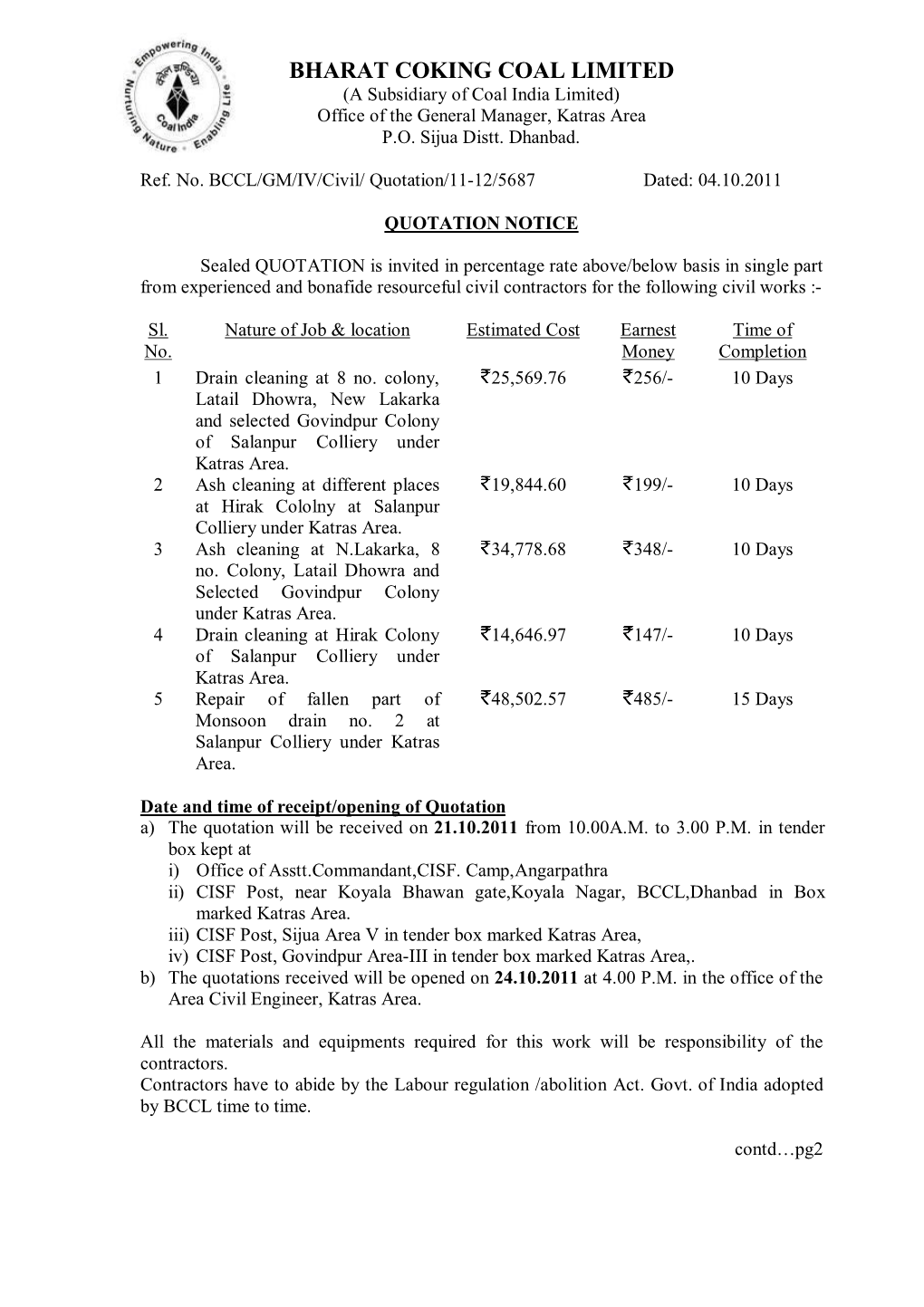 Bill of Quantity for Drain Cleaning at Hirak Colony of Salanpur Colliery Under Katras Area